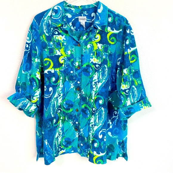 Chico’s Abstract Print Linen Button Up 3/4 Sleeve Blouse Size 16 - Picture 1 of 5